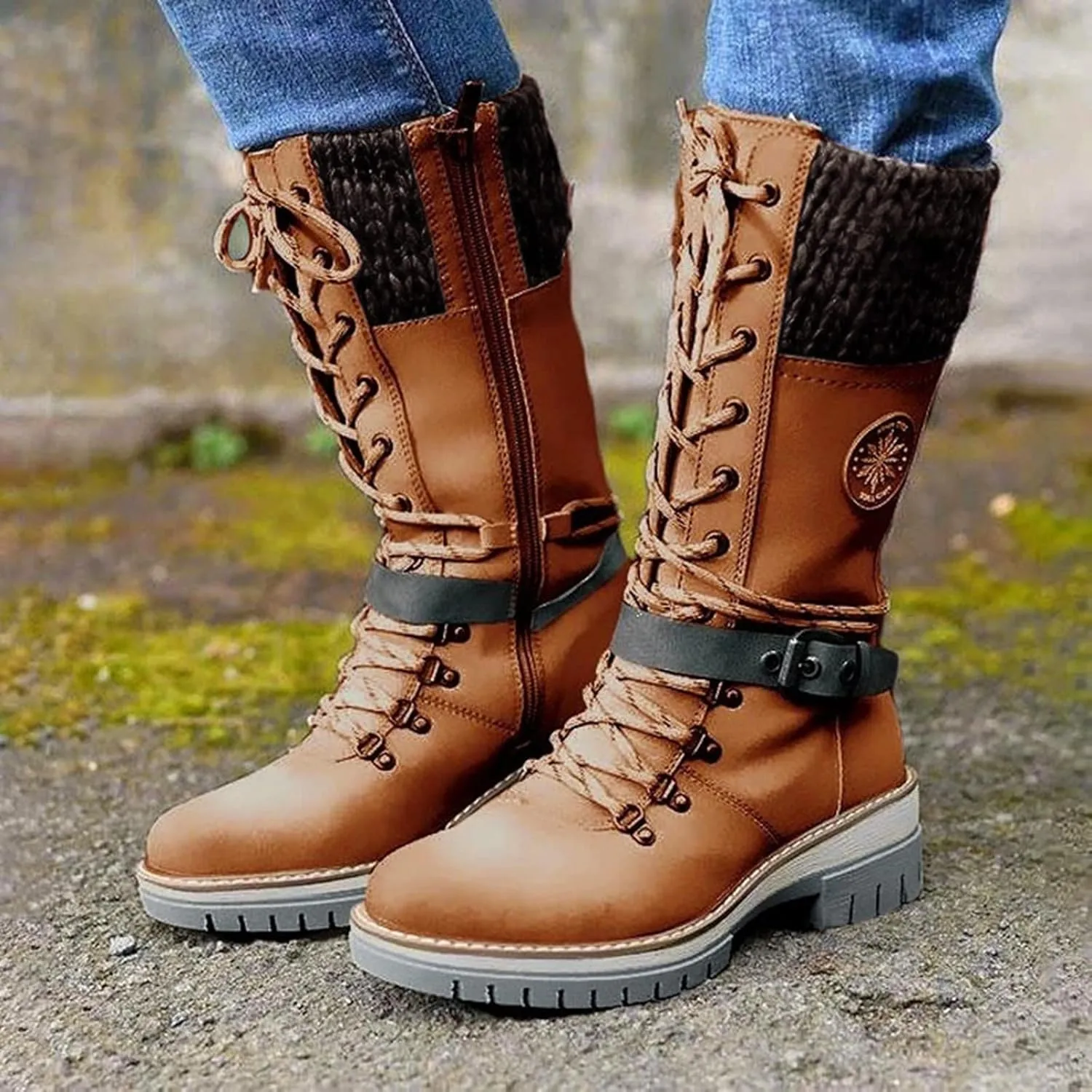 Womens Boots Winter Warm Cozy Lug Sole Boots for Women Durable Faux Leather Non Slip Mid-Calf Snow Boots