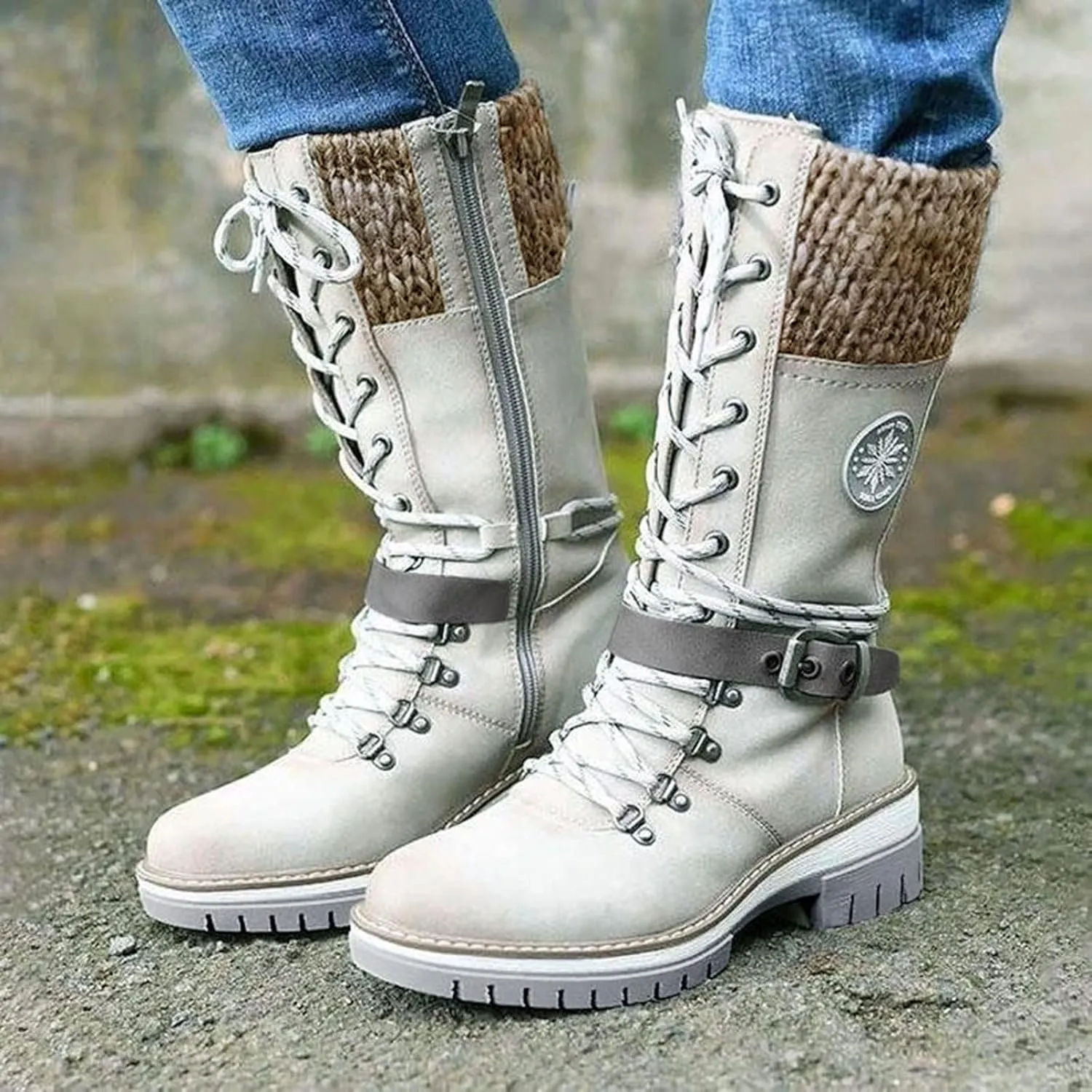Womens Boots Winter Warm Cozy Lug Sole Boots for Women Durable Faux Leather Non Slip Mid-Calf Snow Boots