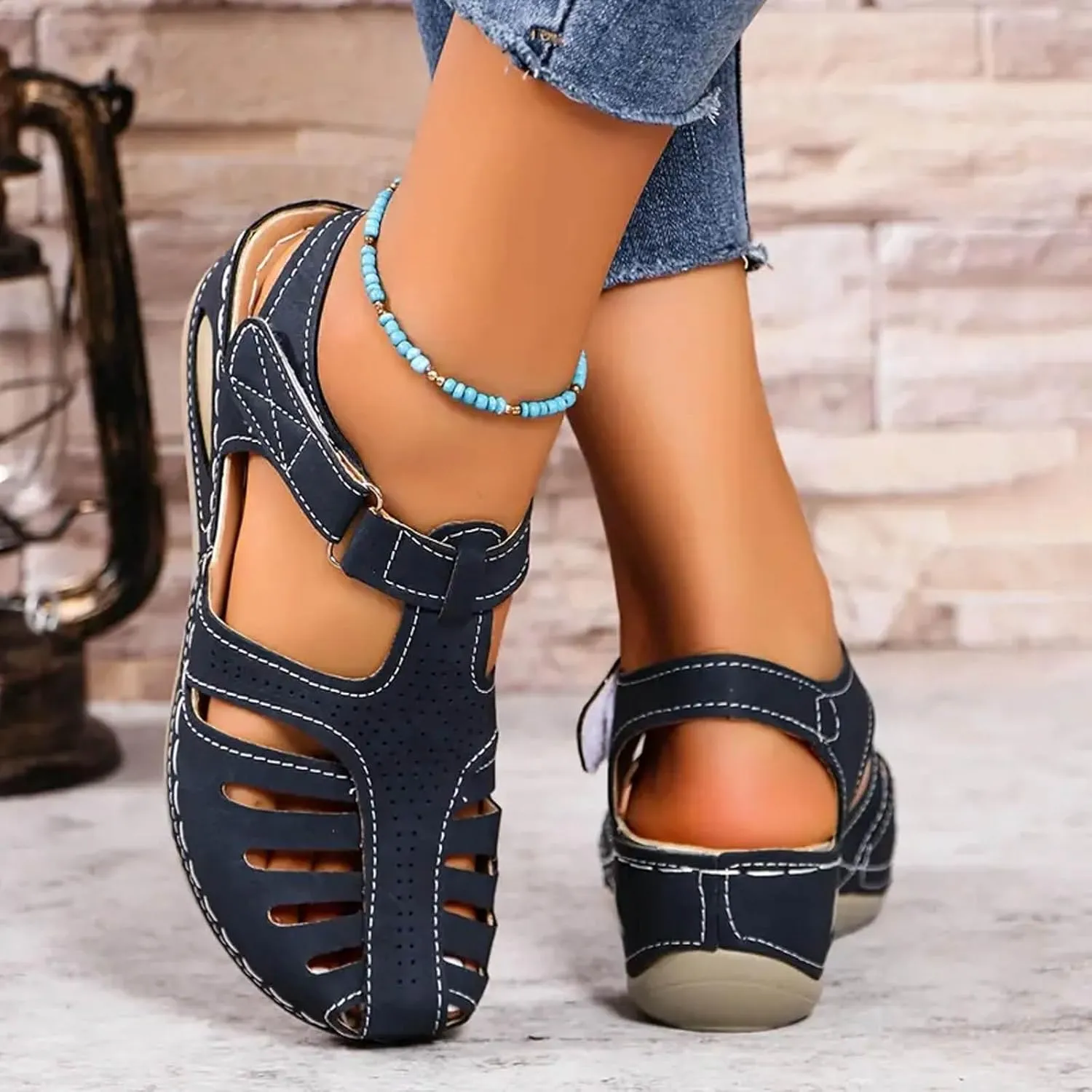 Women's Dressy Casual Black Wedge Sandals for Women, Flat, Open Toe, Slip On, Waterproof, Polyester, Faux Leather, Casual, Wedge Sandals
