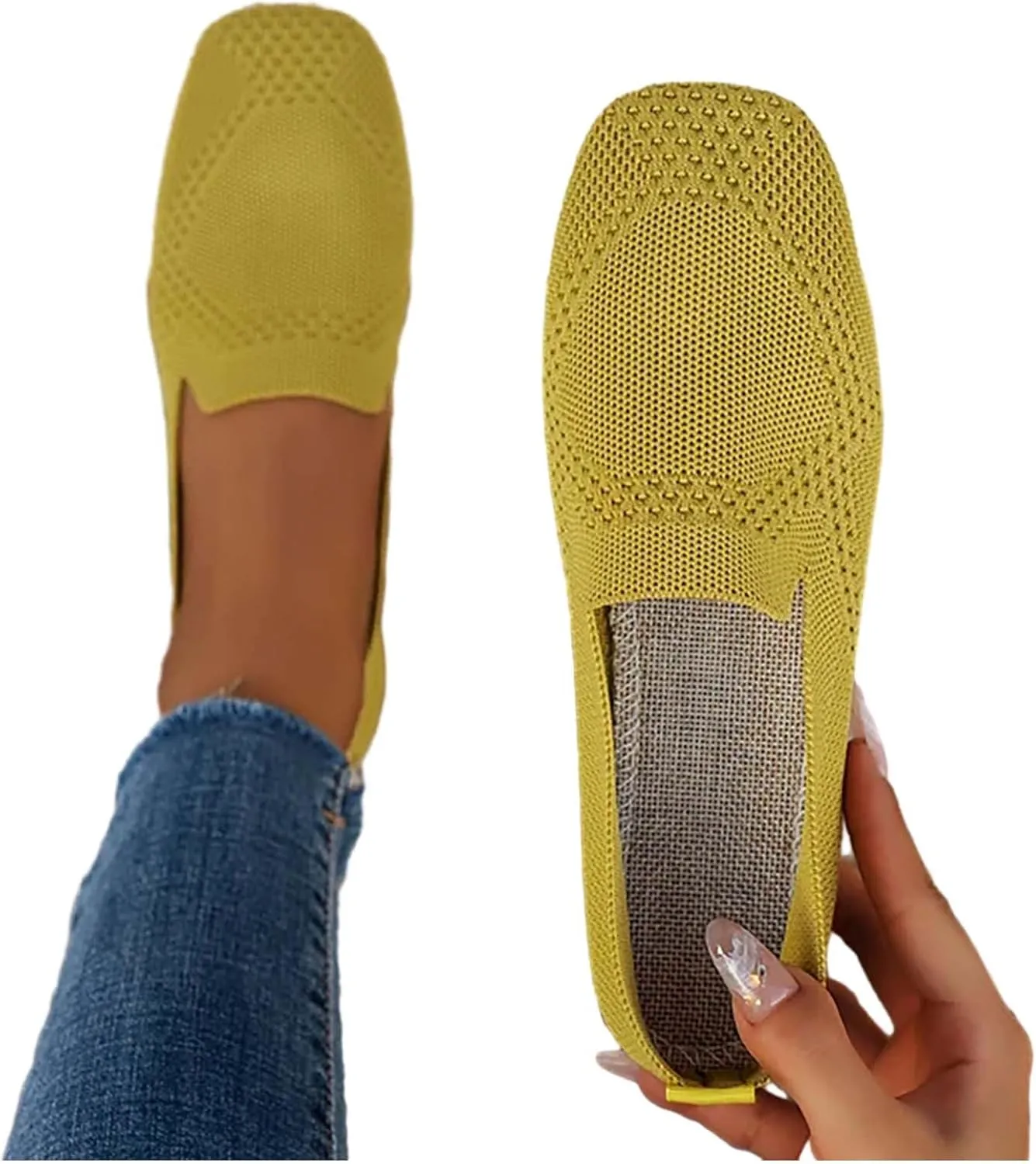 Women's Flat Shoes - Ladies Square Toe Breathable Mesh Slip On Office Casual Flats Shoe Wide Width Trainers
