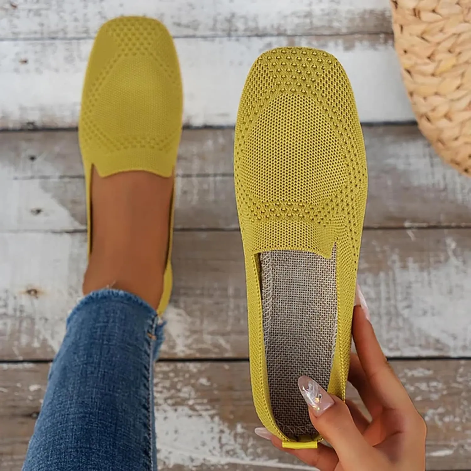Women's Flat Shoes - Ladies Square Toe Breathable Mesh Slip On Office Casual Flats Shoe Wide Width Trainers
