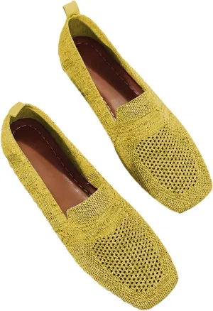 Women's Flat Shoes - Ladies Square Toe Breathable Mesh Slip On Office Casual Flats Shoe Wide Width Trainers