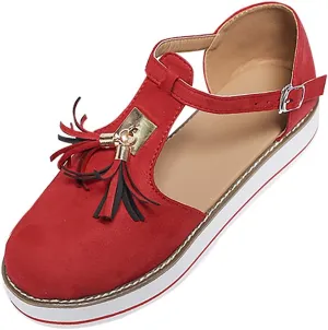 Women's Flatform Sandals,Soft Sole Comfy Flats Platform Tassels Canvas Shoes Closed Toe Sandal Summer Casual Suede Loafers