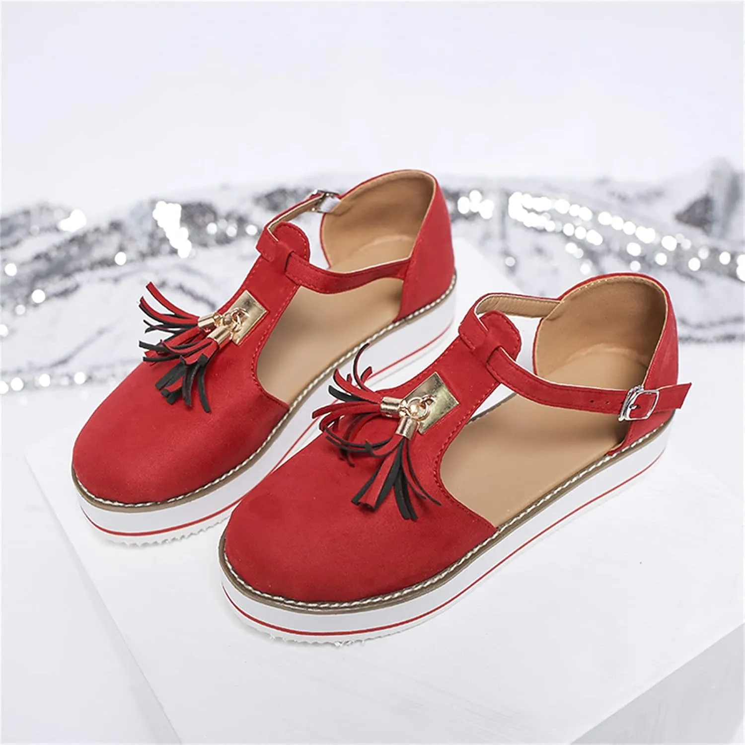 Women's Flatform Sandals,Soft Sole Comfy Flats Platform Tassels Canvas Shoes Closed Toe Sandal Summer Casual Suede Loafers