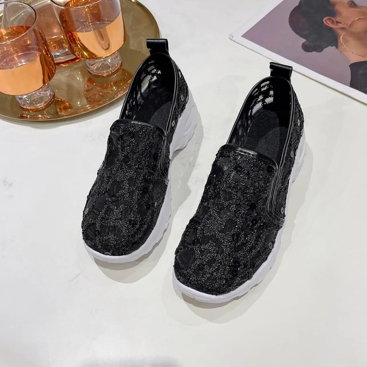 Women's Floral Embroidery Lace Mesh Air Cushion Sneakers, 2024 New Lace Mesh Casual Shoes, Breathable Slip On Platform Loafers Casual Fashion Rocker Shoes