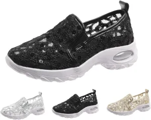 Women's Floral Embroidery Lace Mesh Air Cushion Sneakers, 2024 New Lace Mesh Casual Shoes, Breathable Slip On Platform Loafers Casual Fashion Rocker Shoes