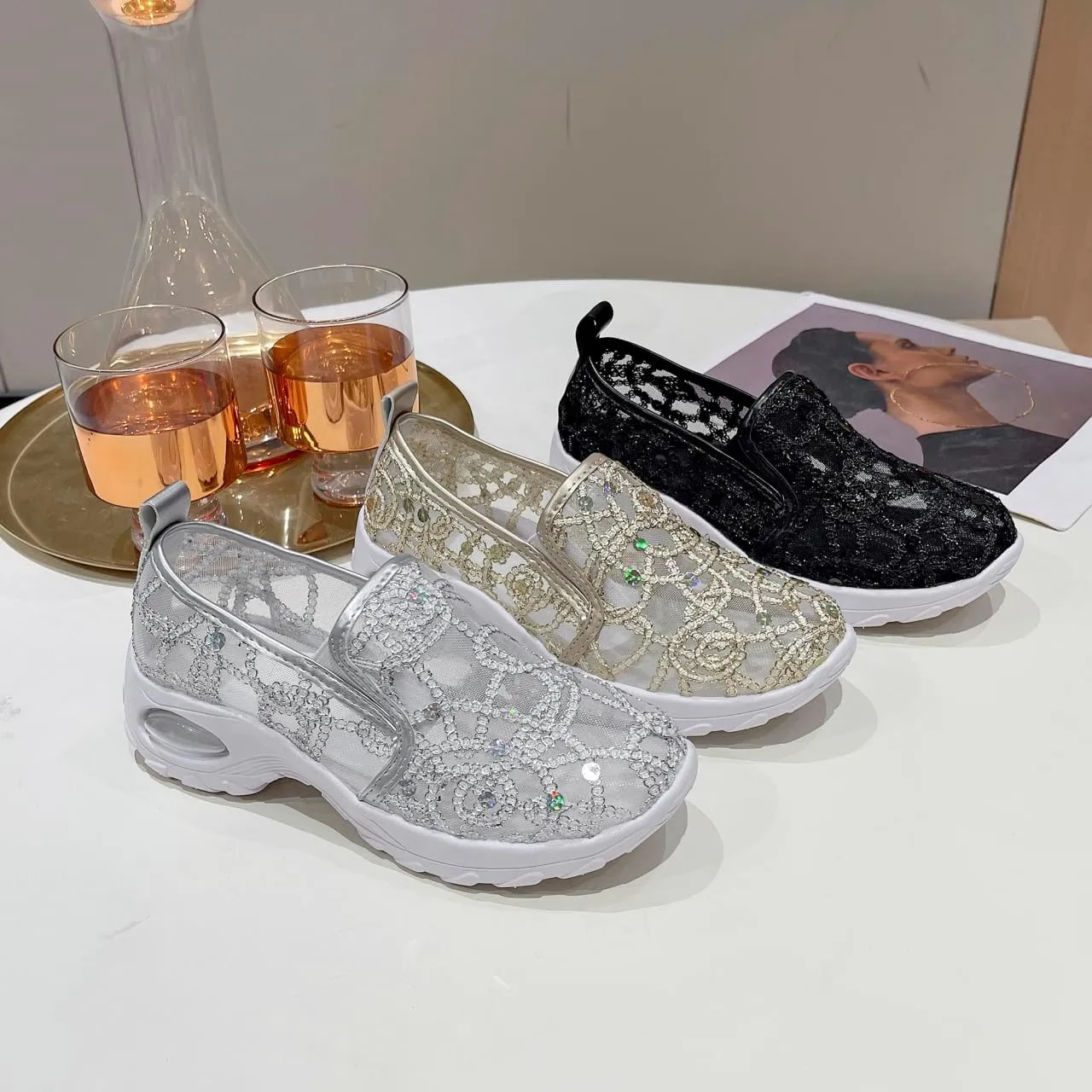 Women's Floral Embroidery Lace Mesh Air Cushion Sneakers, 2024 New Lace Mesh Casual Shoes, Breathable Slip On Platform Loafers Casual Fashion Rocker Shoes