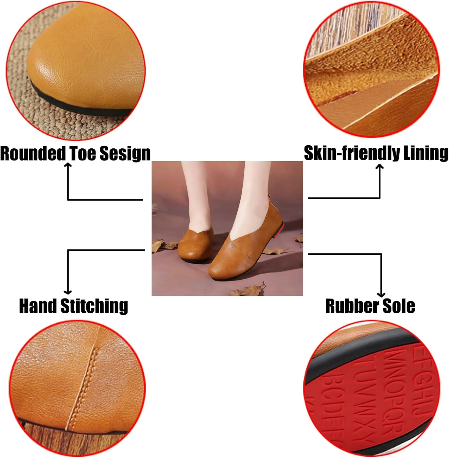 Women's Handmade Soft Leather Loafers,Round Toe Slip On Vintage Shallow Mouth Comfortable Soft Bottom Walking Driving Flats Shoes Owlkay Shoes