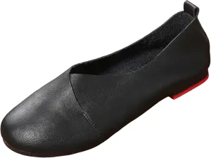 Women's Handmade Soft Leather Loafers,Round Toe Slip On Vintage Shallow Mouth Comfortable Soft Bottom Walking Driving Flats Shoes Owlkay Shoes