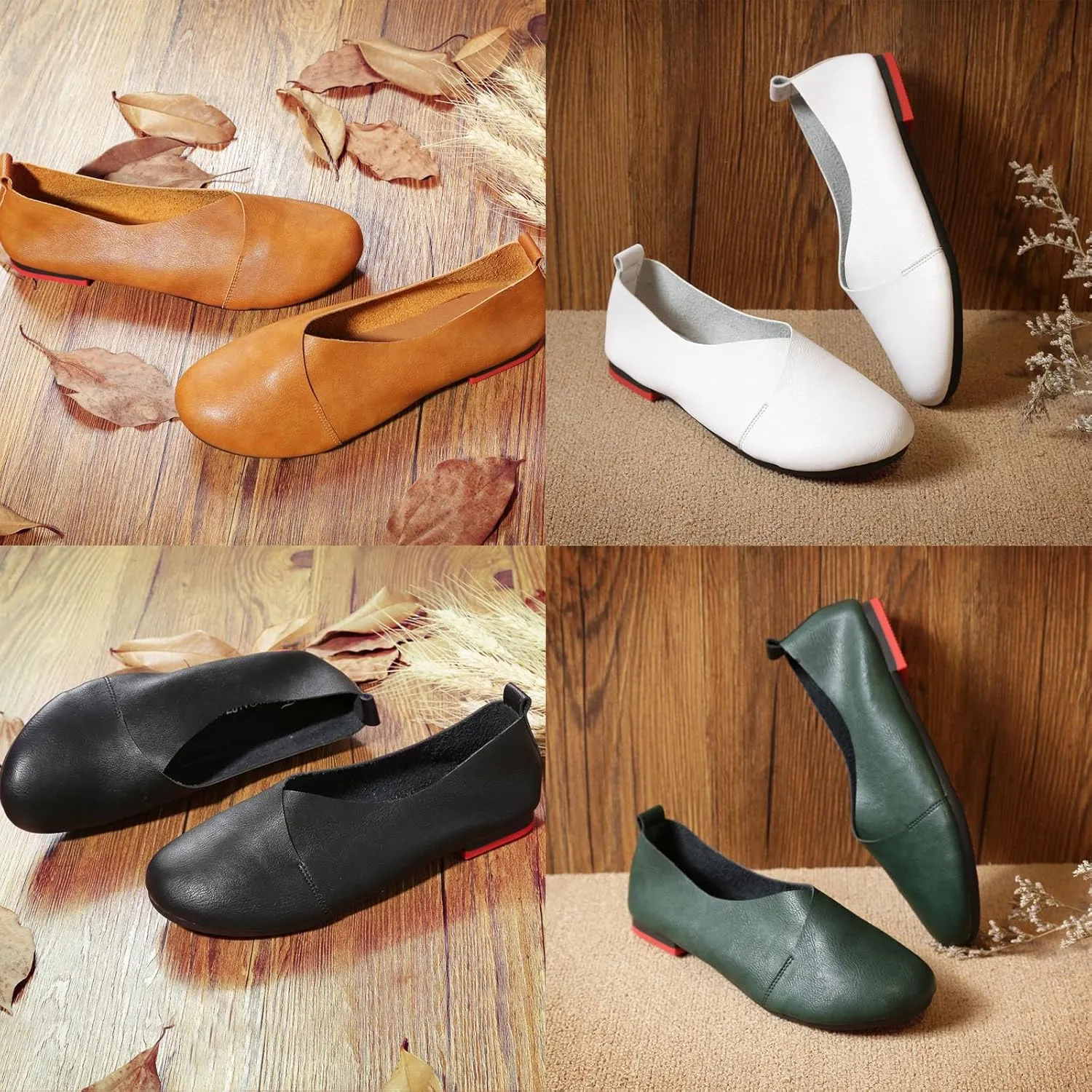 Women's Handmade Soft Leather Loafers,Round Toe Slip On Vintage Shallow Mouth Comfortable Soft Bottom Walking Driving Flats Shoes Owlkay Shoes