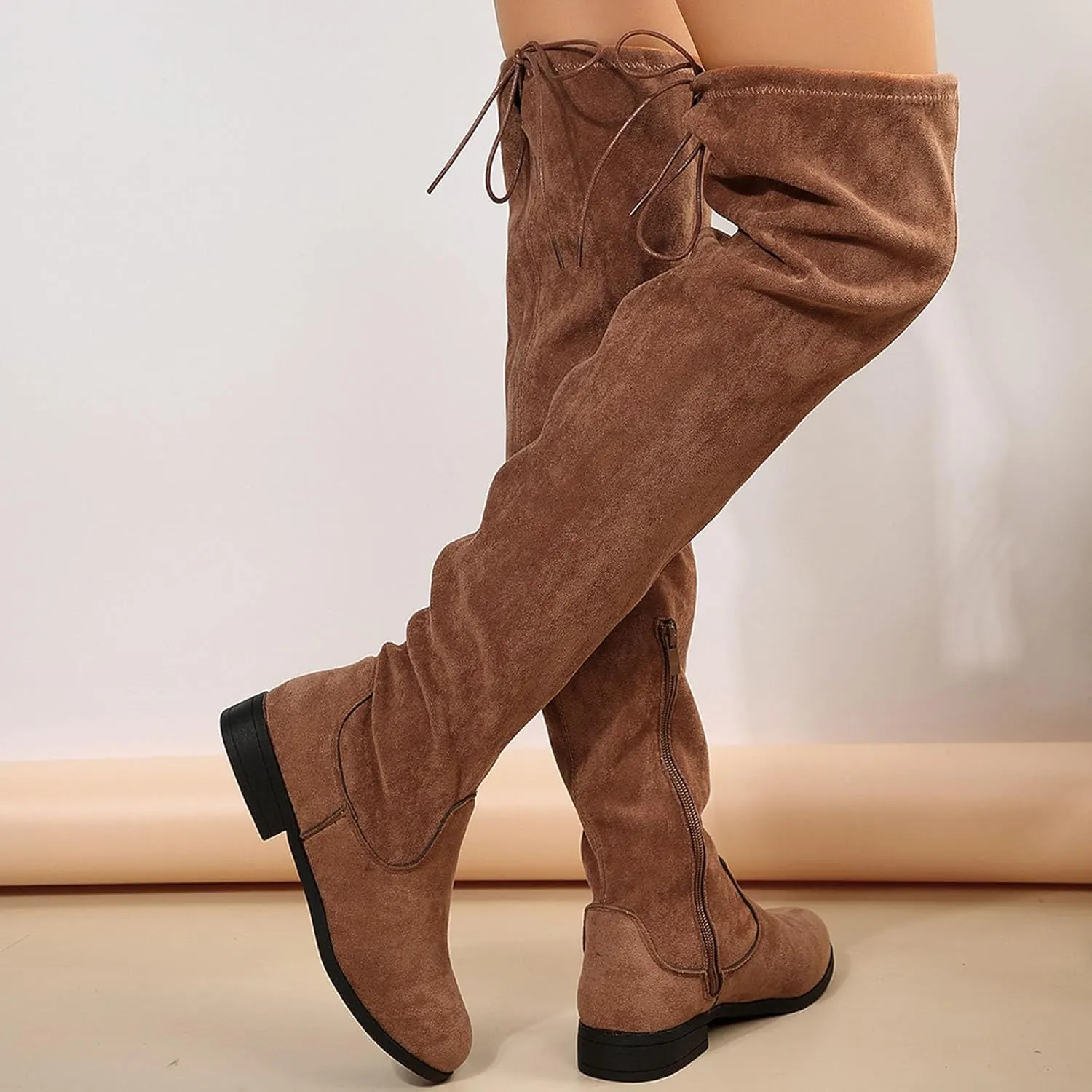 Womens Knee High Boots Thigh High Suede Block Boots Winter Dress Tall Boots Round Toe Zipper Long Boots
