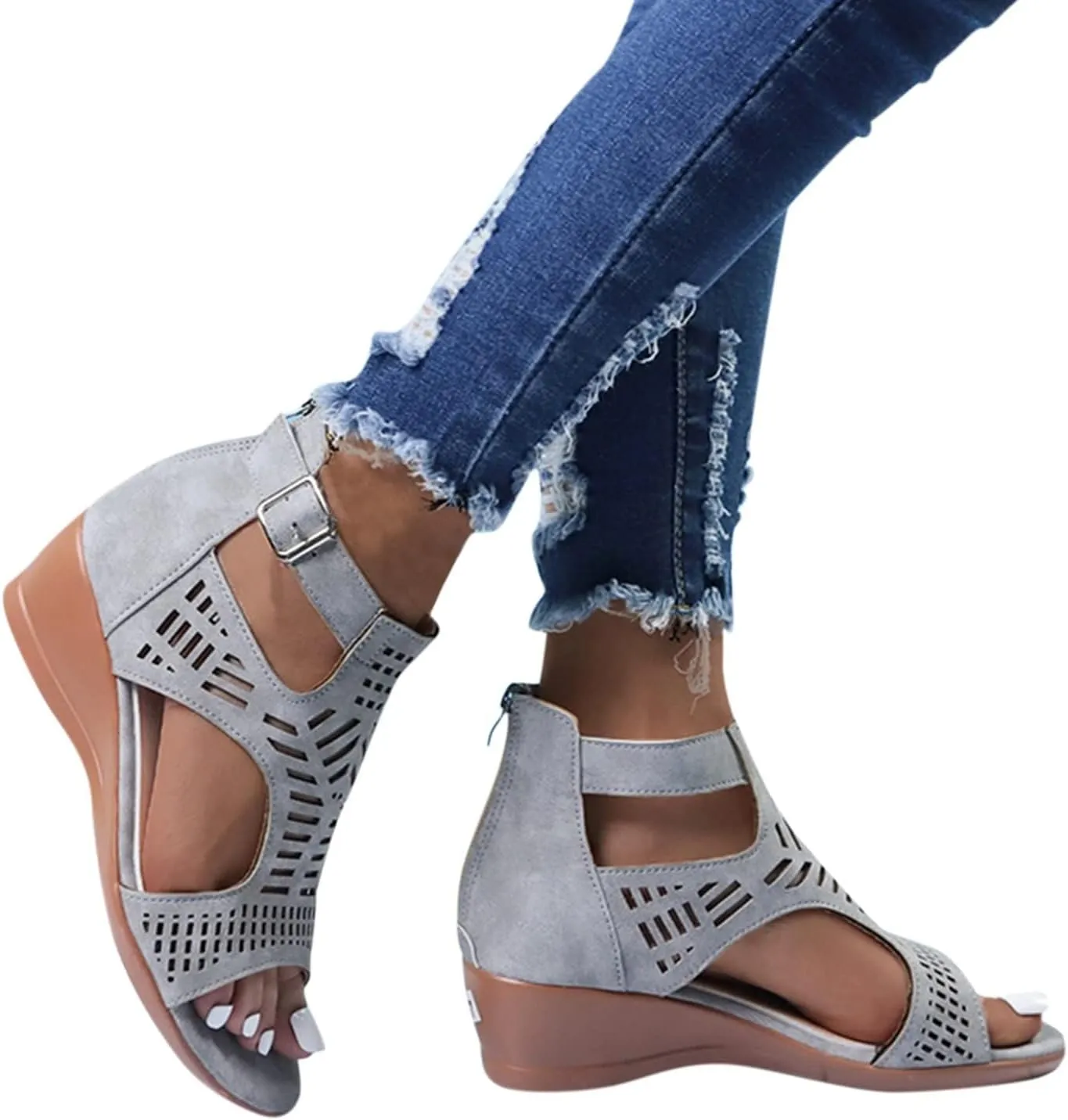 Womens Low Wedge Sandals Breathable Hollowed Out Dressy Casual Slides Sandals Orthopedic Comfort Summer Shoes with Zipper for All Occasions: Casual, Work, Party