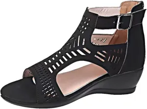 Womens Low Wedge Sandals Breathable Hollowed Out Dressy Casual Slides Sandals Orthopedic Comfort Summer Shoes with Zipper for All Occasions: Casual, Work, Party
