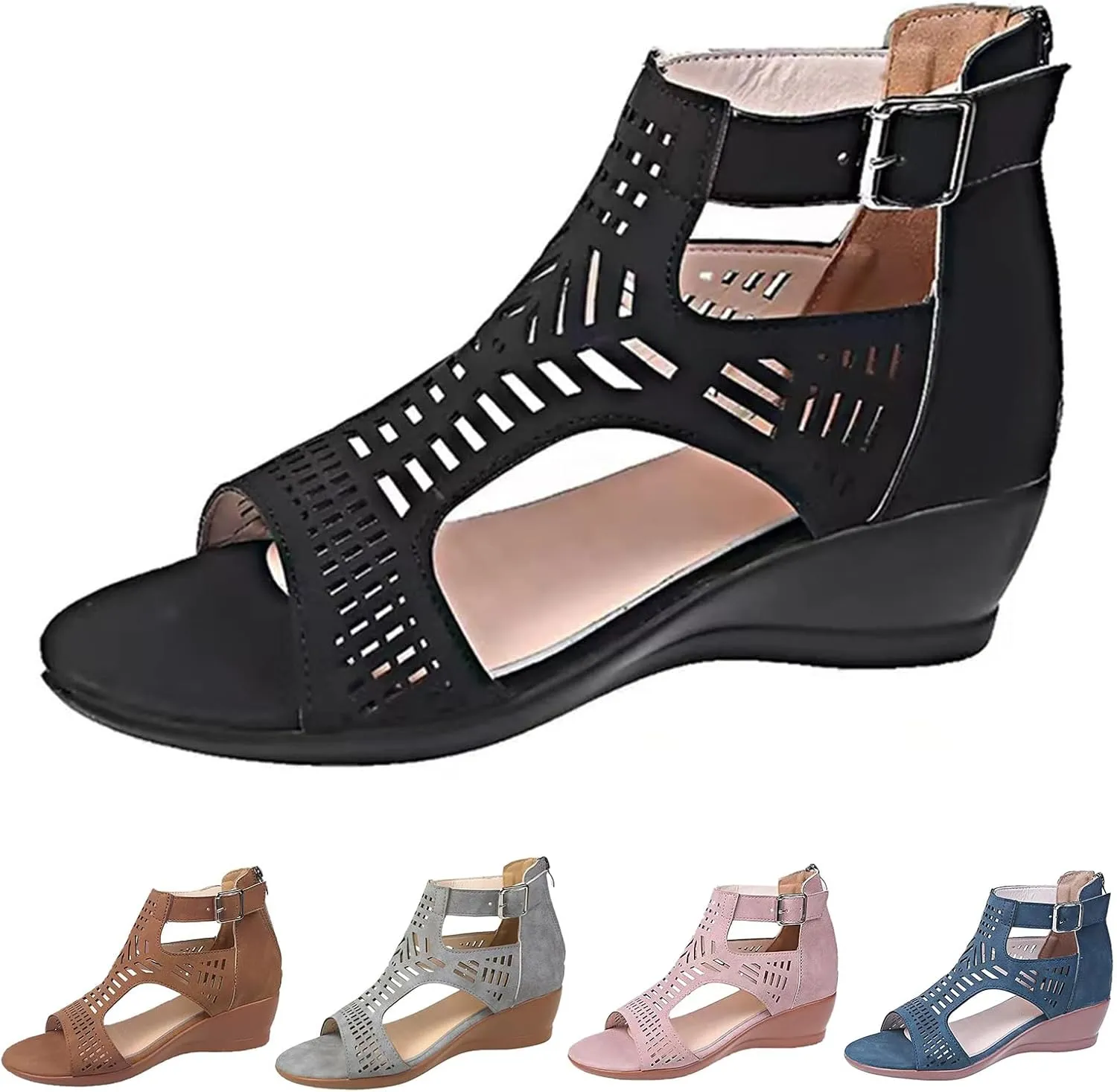 Womens Low Wedge Sandals Breathable Hollowed Out Dressy Casual Slides Sandals Orthopedic Comfort Summer Shoes with Zipper for All Occasions: Casual, Work, Party