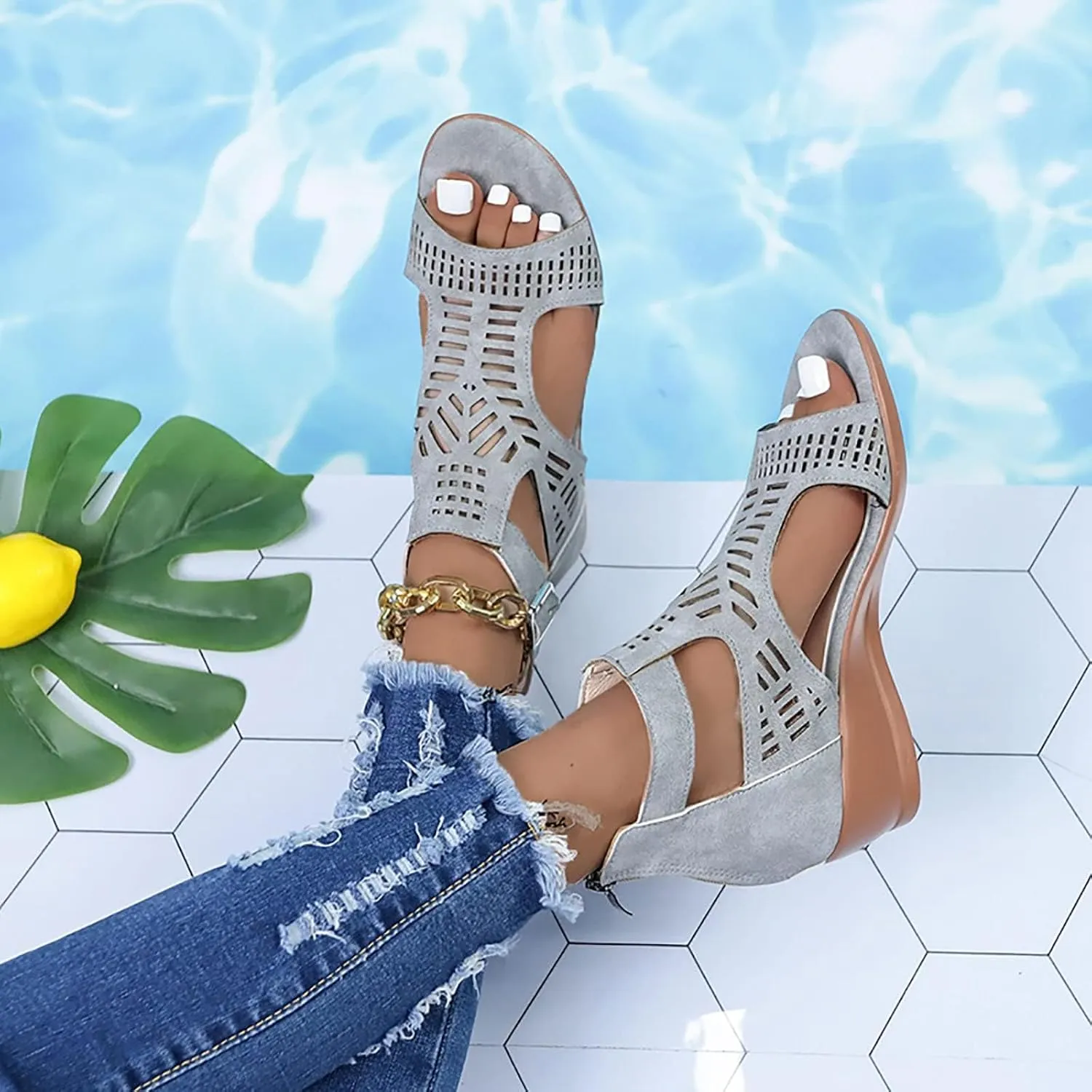Womens Low Wedge Sandals Breathable Hollowed Out Dressy Casual Slides Sandals Orthopedic Comfort Summer Shoes with Zipper for All Occasions: Casual, Work, Party
