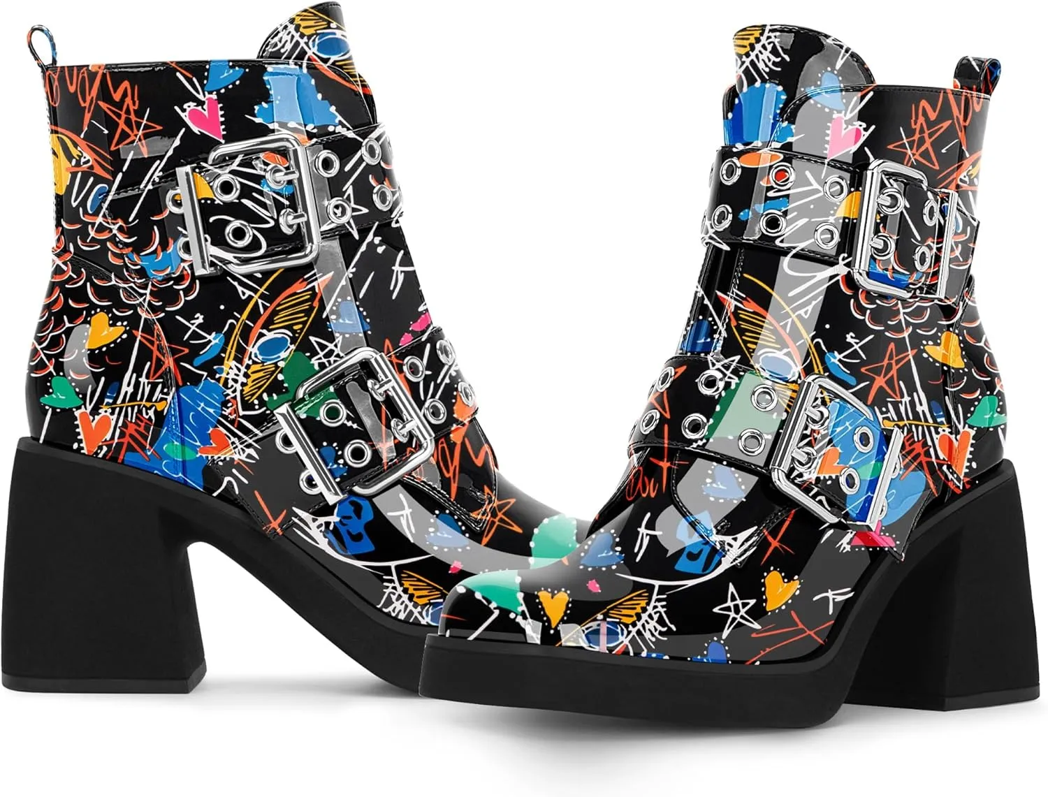 Women's Platform Chunky Heel Buckle Ankle Boots Patent Leather Side Zipper Booties
