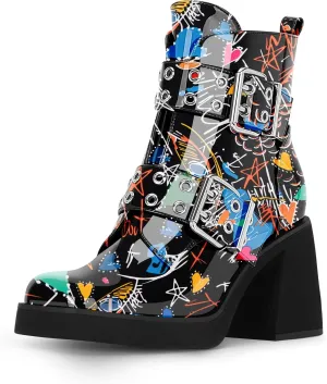 Women's Platform Chunky Heel Buckle Ankle Boots Patent Leather Side Zipper Booties