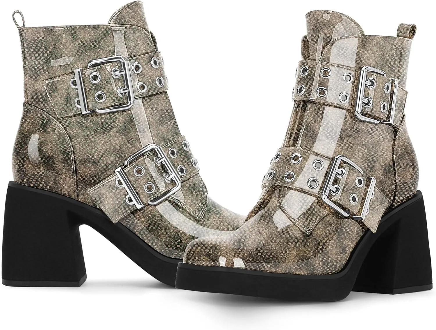 Women's Platform Chunky Heel Buckle Ankle Boots Patent Leather Side Zipper Booties