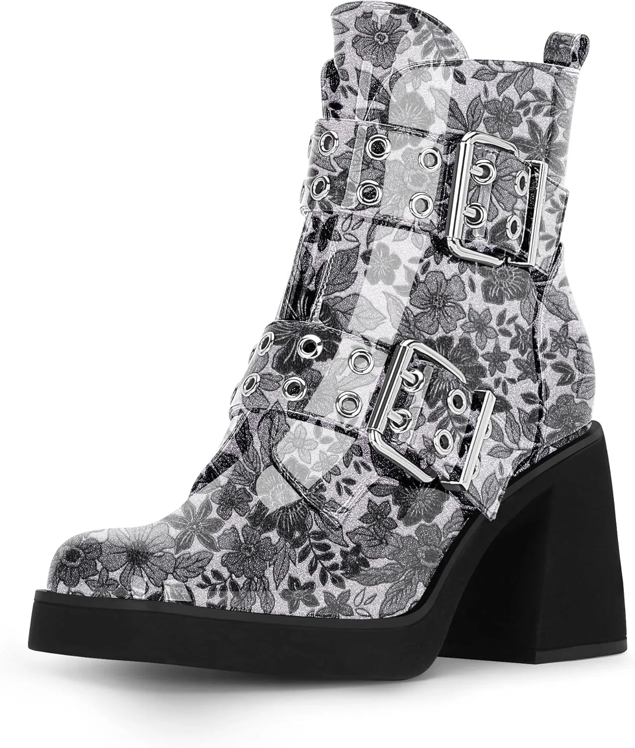Women's Platform Chunky Heel Buckle Ankle Boots Patent Leather Side Zipper Booties