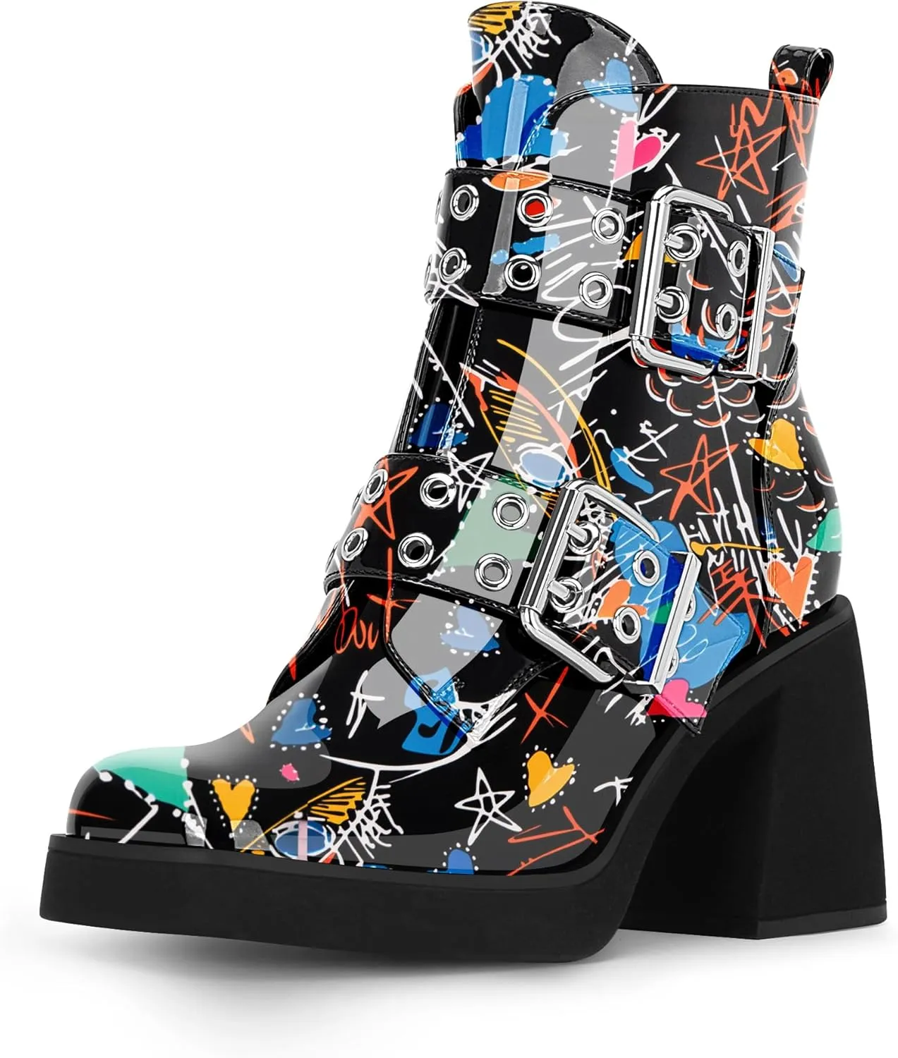 Women's Platform Chunky Heel Buckle Ankle Boots Patent Leather Side Zipper Booties
