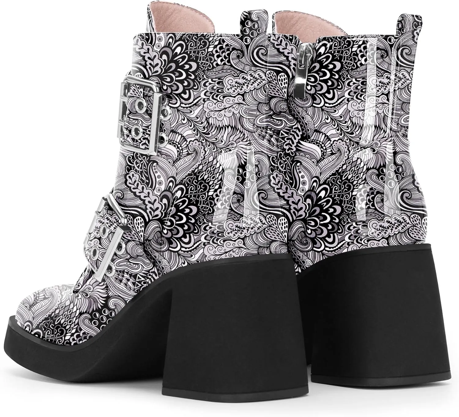 Women's Platform Chunky Heel Buckle Ankle Boots Patent Leather Side Zipper Booties