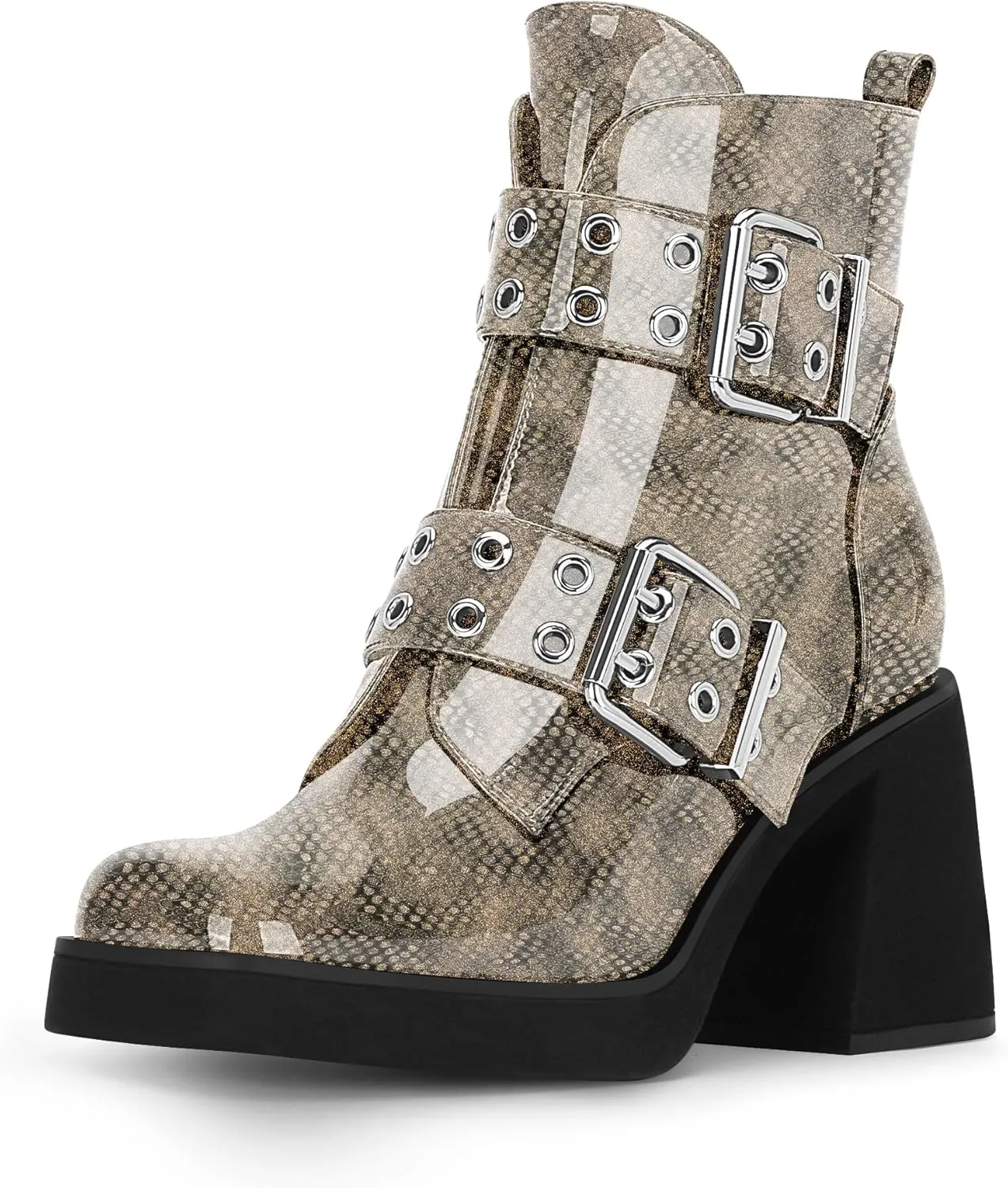 Women's Platform Chunky Heel Buckle Ankle Boots Patent Leather Side Zipper Booties