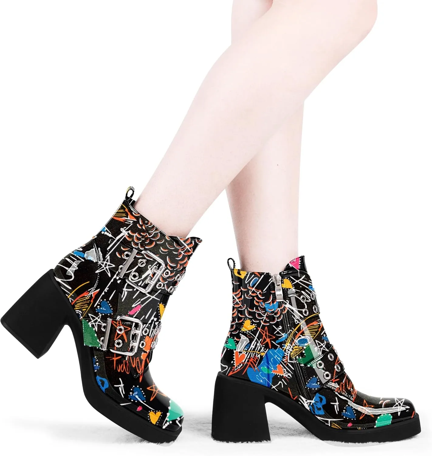 Women's Platform Chunky Heel Buckle Ankle Boots Patent Leather Side Zipper Booties