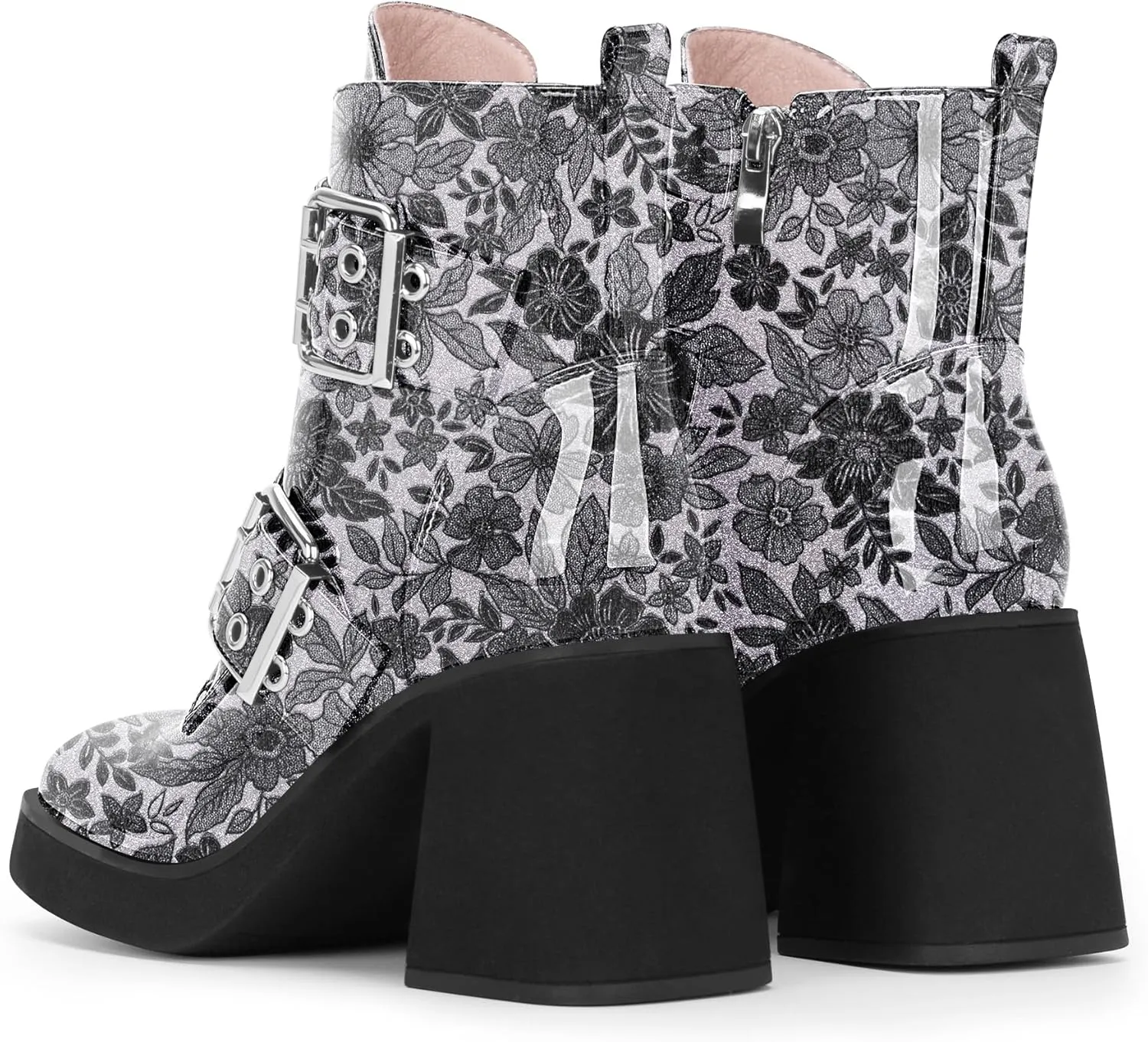 Women's Platform Chunky Heel Buckle Ankle Boots Patent Leather Side Zipper Booties