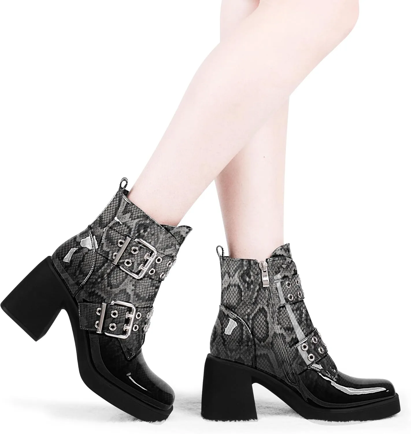 Women's Platform Chunky Heel Buckle Ankle Boots Patent Leather Side Zipper Booties