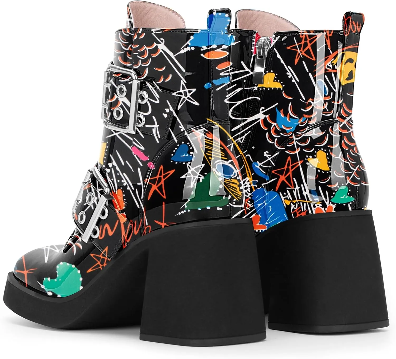 Women's Platform Chunky Heel Buckle Ankle Boots Patent Leather Side Zipper Booties