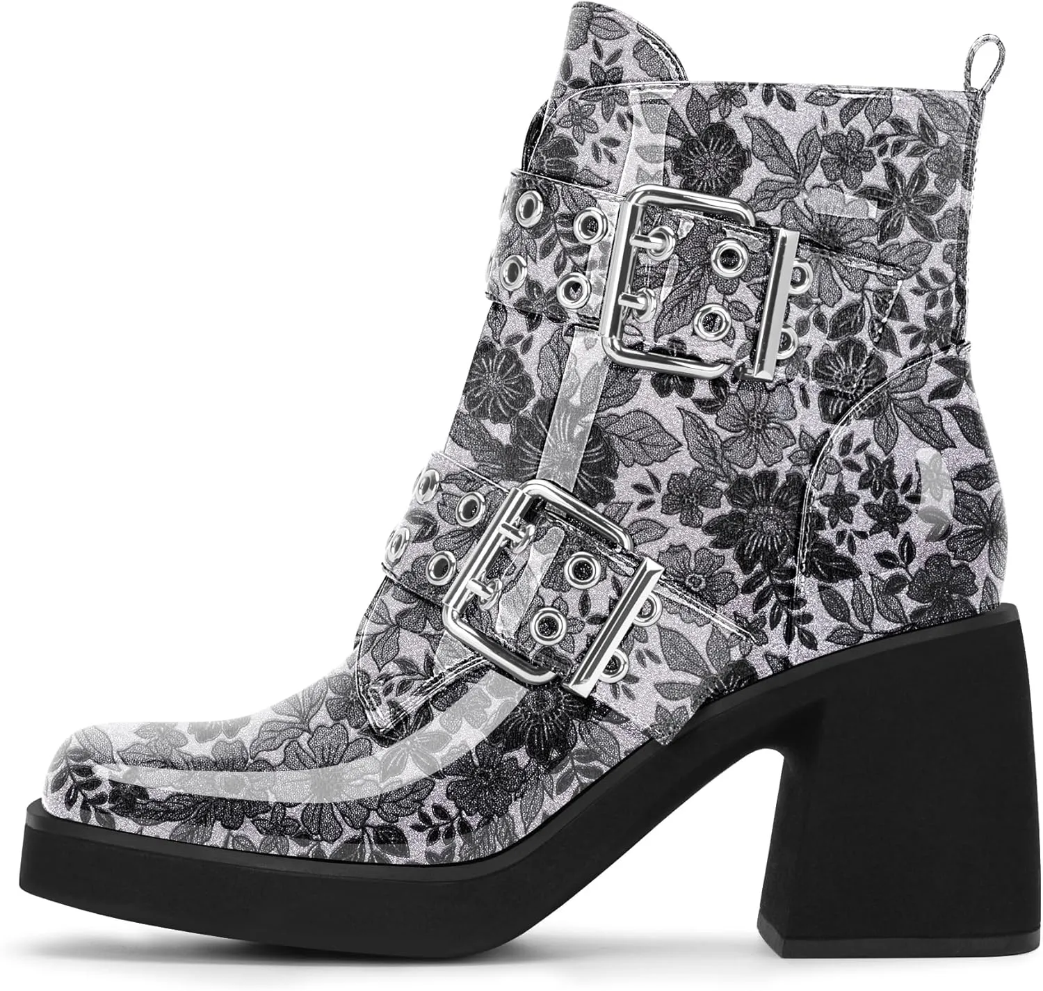 Women's Platform Chunky Heel Buckle Ankle Boots Patent Leather Side Zipper Booties