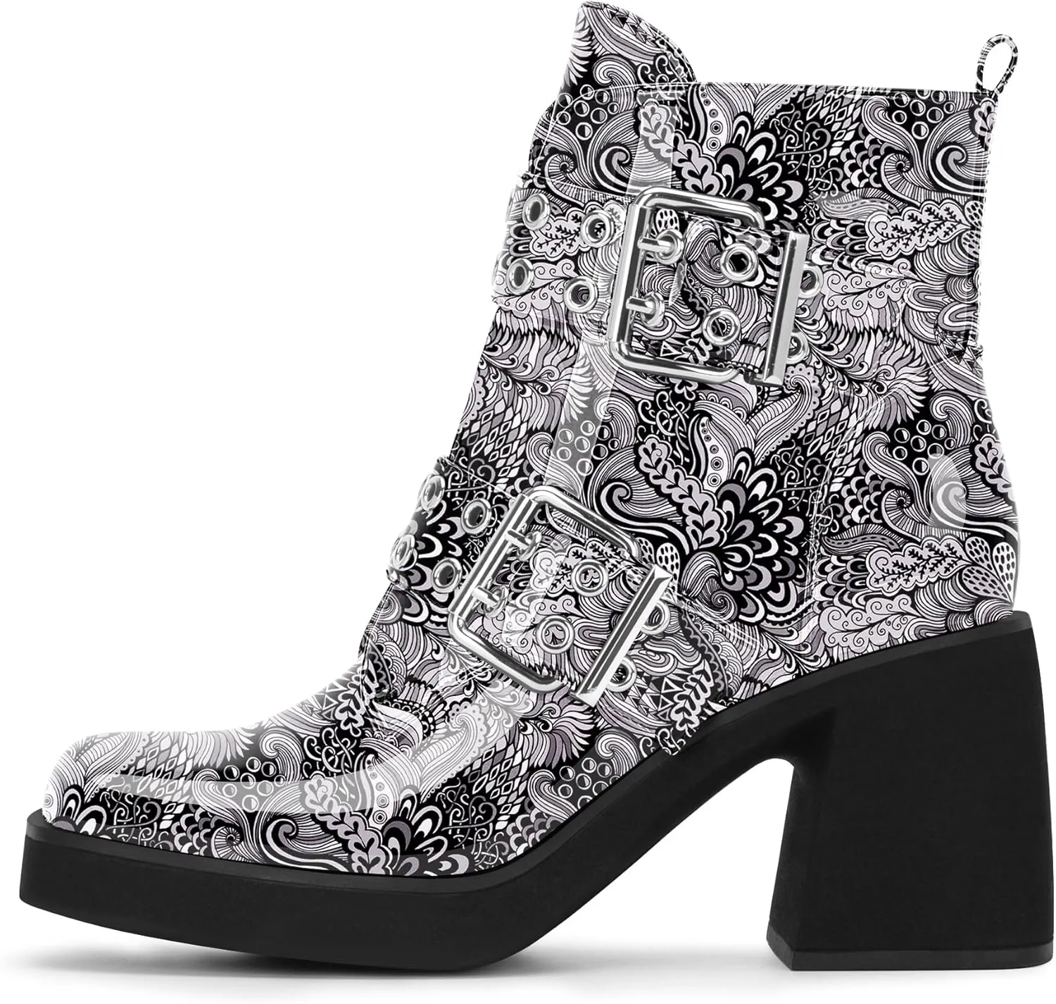 Women's Platform Chunky Heel Buckle Ankle Boots Patent Leather Side Zipper Booties