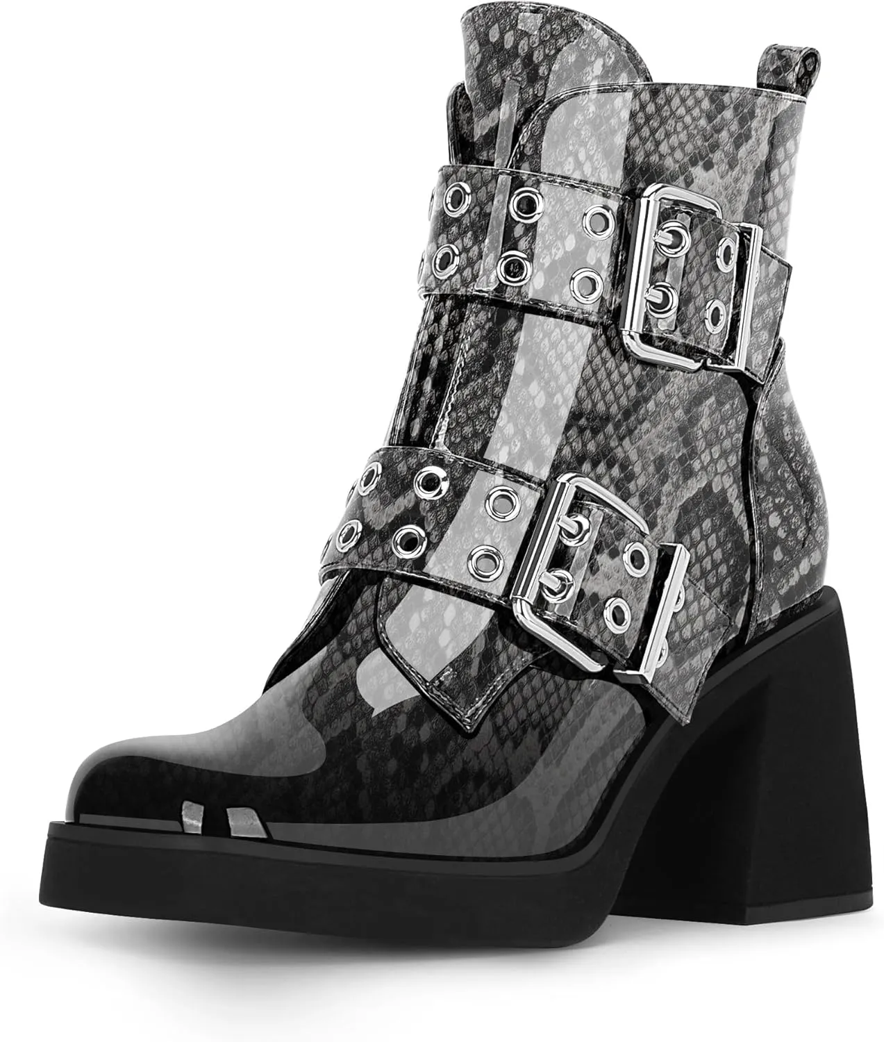 Women's Platform Chunky Heel Buckle Ankle Boots Patent Leather Side Zipper Booties