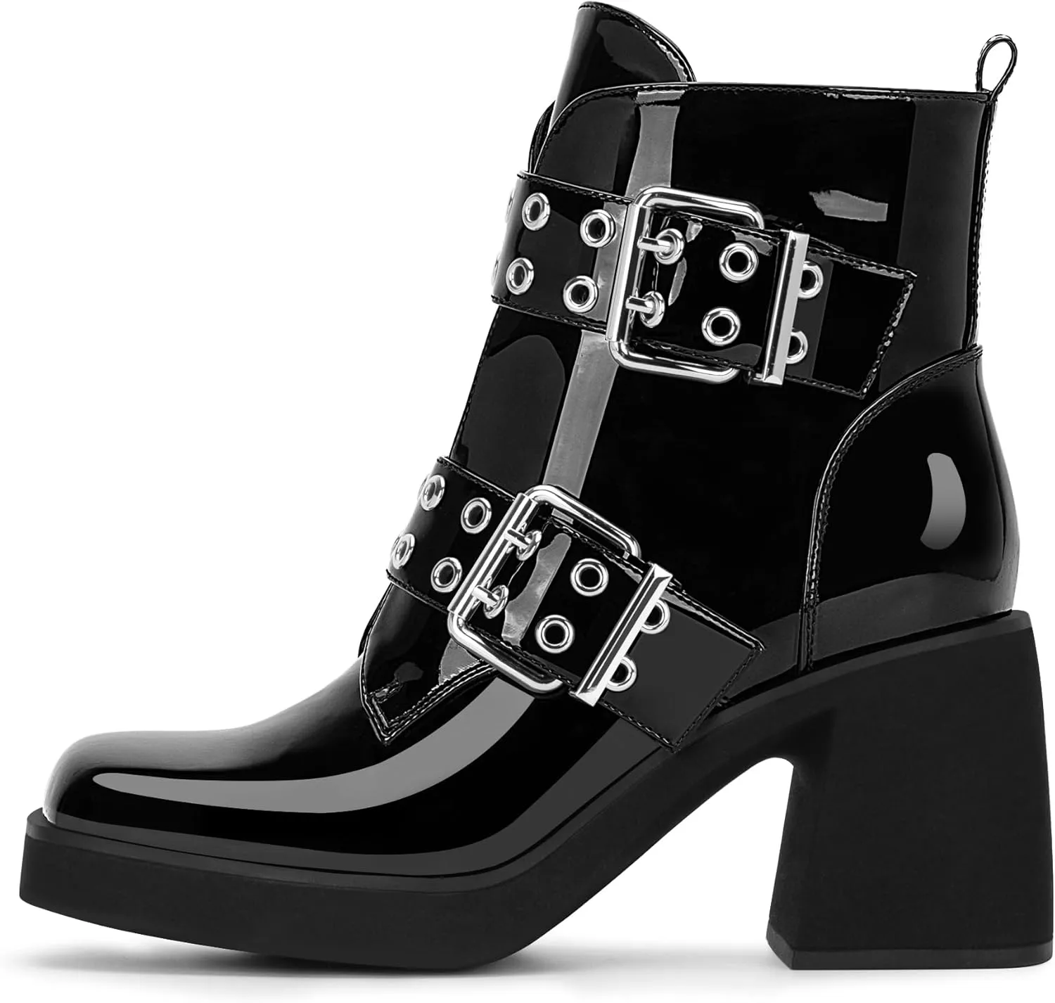 Women's Platform Chunky Heel Buckle Ankle Boots Patent Leather Side Zipper Booties