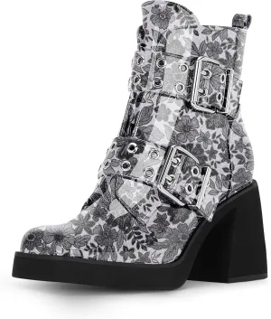 Women's Platform Chunky Heel Buckle Ankle Boots Patent Leather Side Zipper Booties