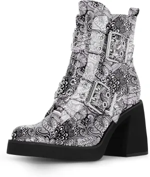 Women's Platform Chunky Heel Buckle Ankle Boots Patent Leather Side Zipper Booties