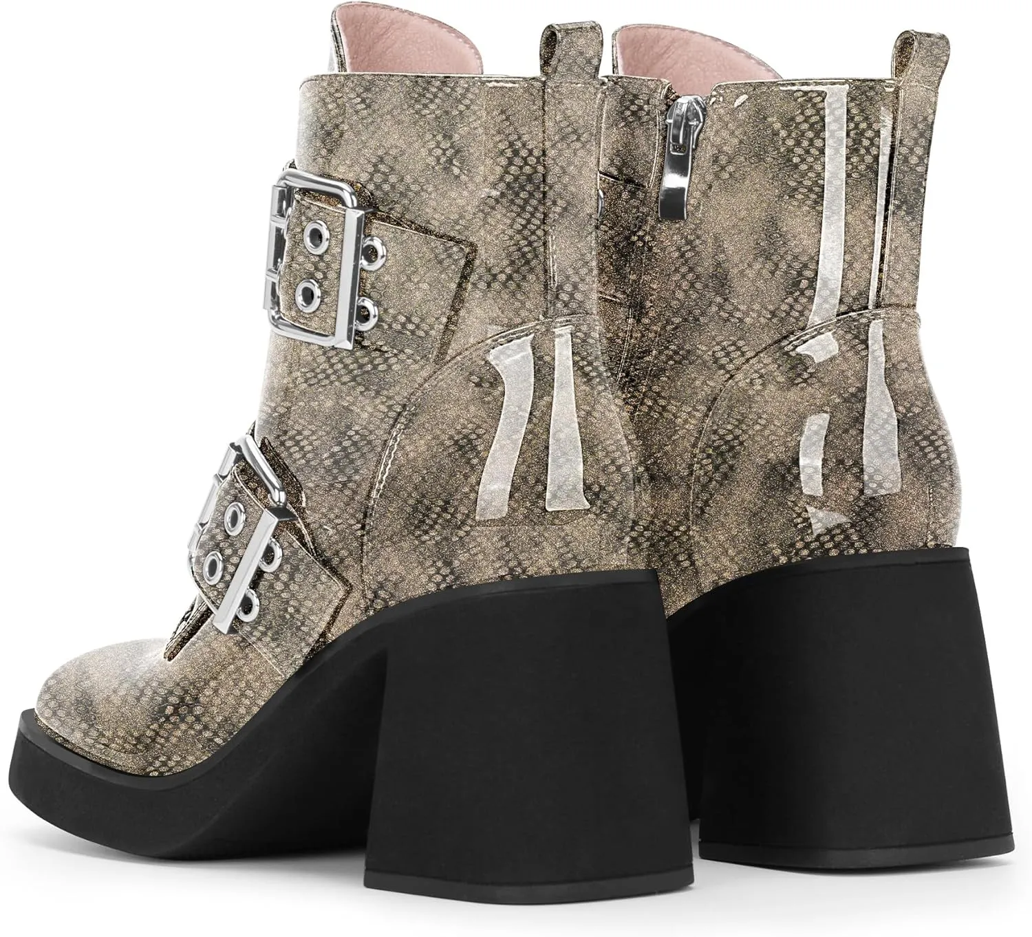 Women's Platform Chunky Heel Buckle Ankle Boots Patent Leather Side Zipper Booties