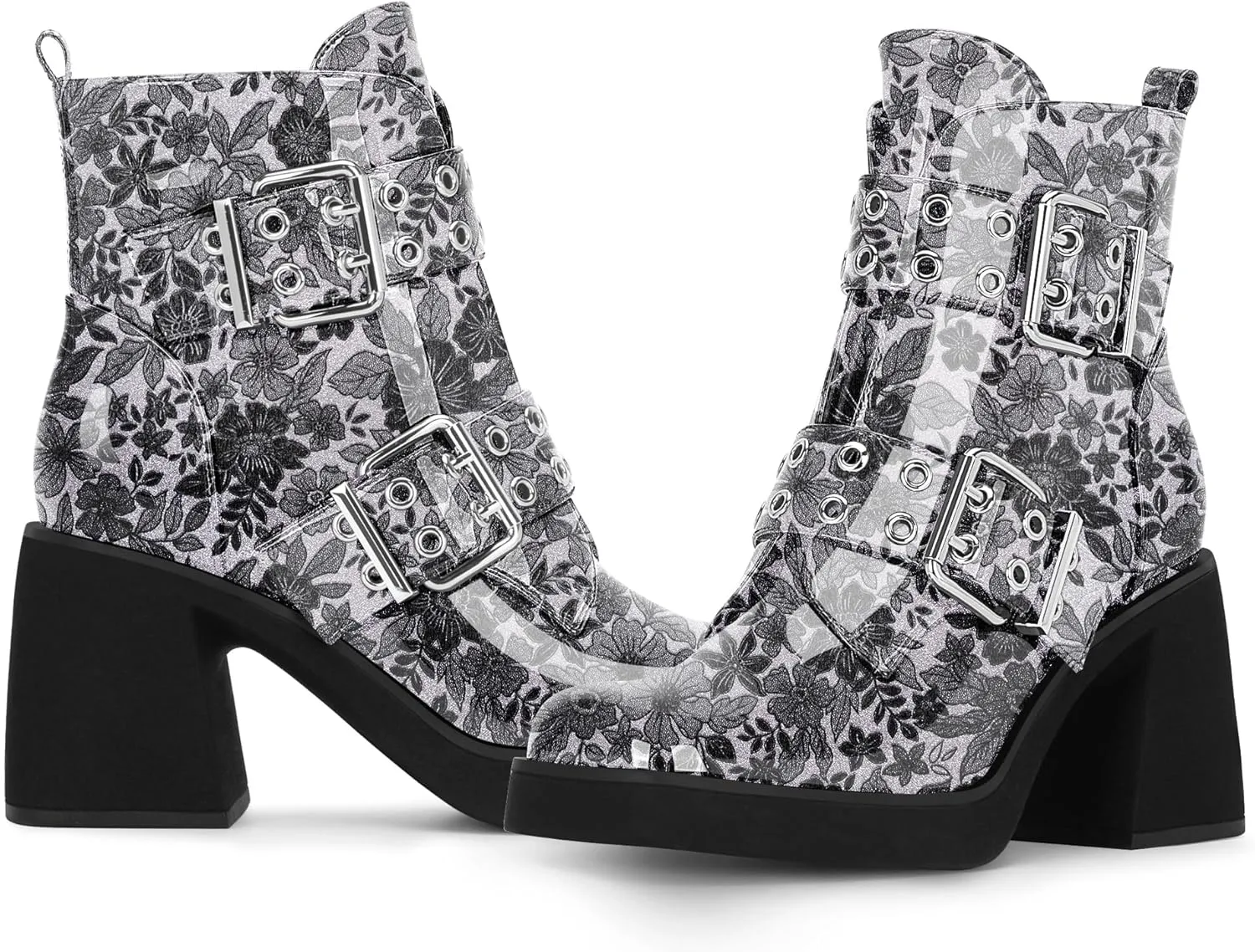 Women's Platform Chunky Heel Buckle Ankle Boots Patent Leather Side Zipper Booties