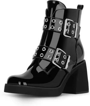 Women's Platform Chunky Heel Buckle Ankle Boots Patent Leather Side Zipper Booties