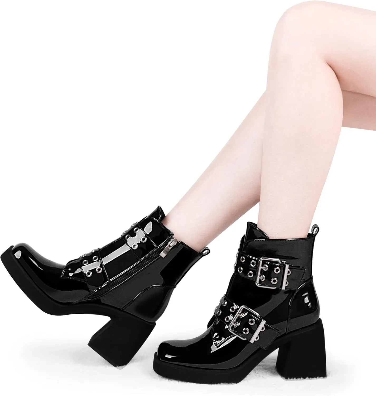 Women's Platform Chunky Heel Buckle Ankle Boots Patent Leather Side Zipper Booties