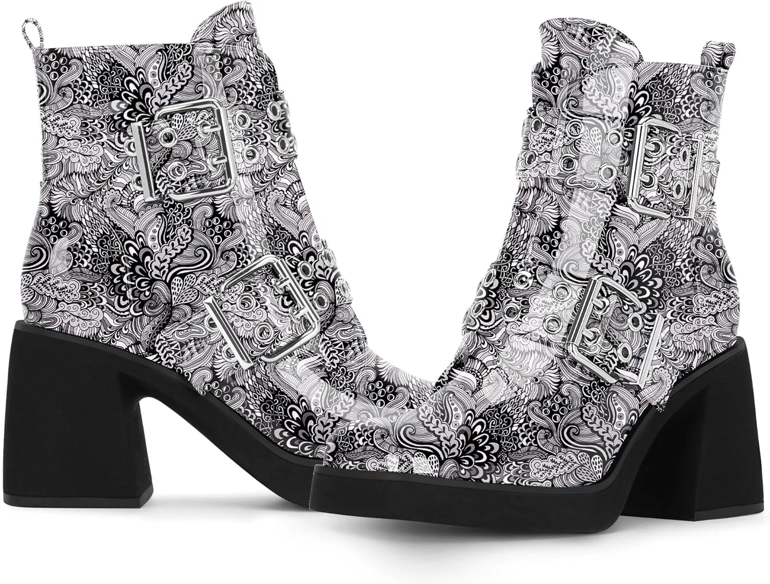 Women's Platform Chunky Heel Buckle Ankle Boots Patent Leather Side Zipper Booties