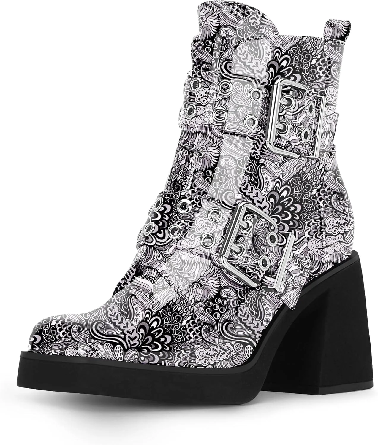 Women's Platform Chunky Heel Buckle Ankle Boots Patent Leather Side Zipper Booties
