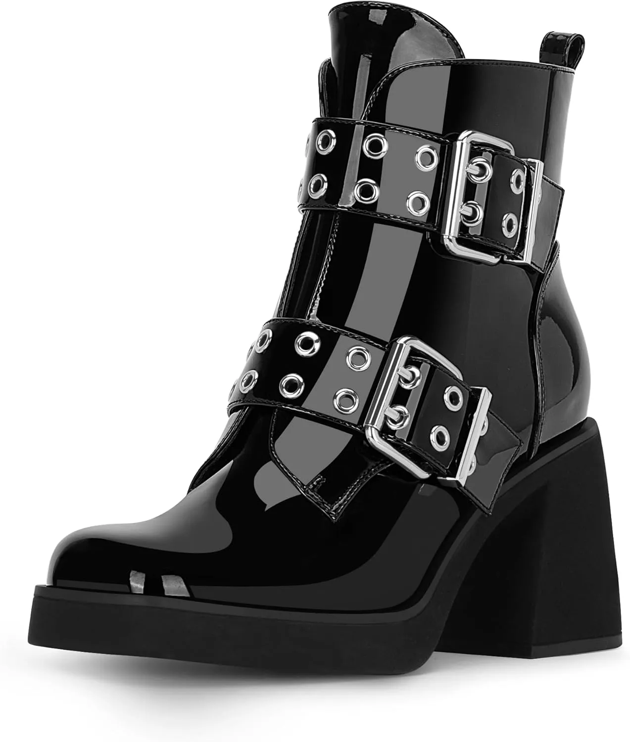 Women's Platform Chunky Heel Buckle Ankle Boots Patent Leather Side Zipper Booties