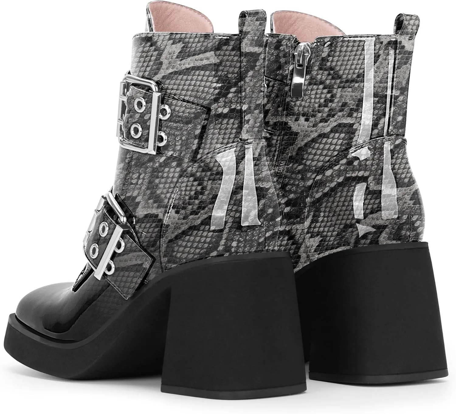 Women's Platform Chunky Heel Buckle Ankle Boots Patent Leather Side Zipper Booties