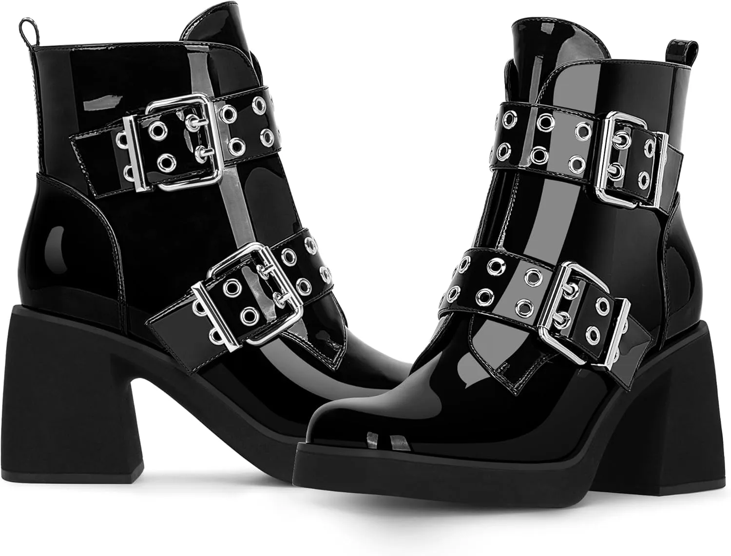 Women's Platform Chunky Heel Buckle Ankle Boots Patent Leather Side Zipper Booties