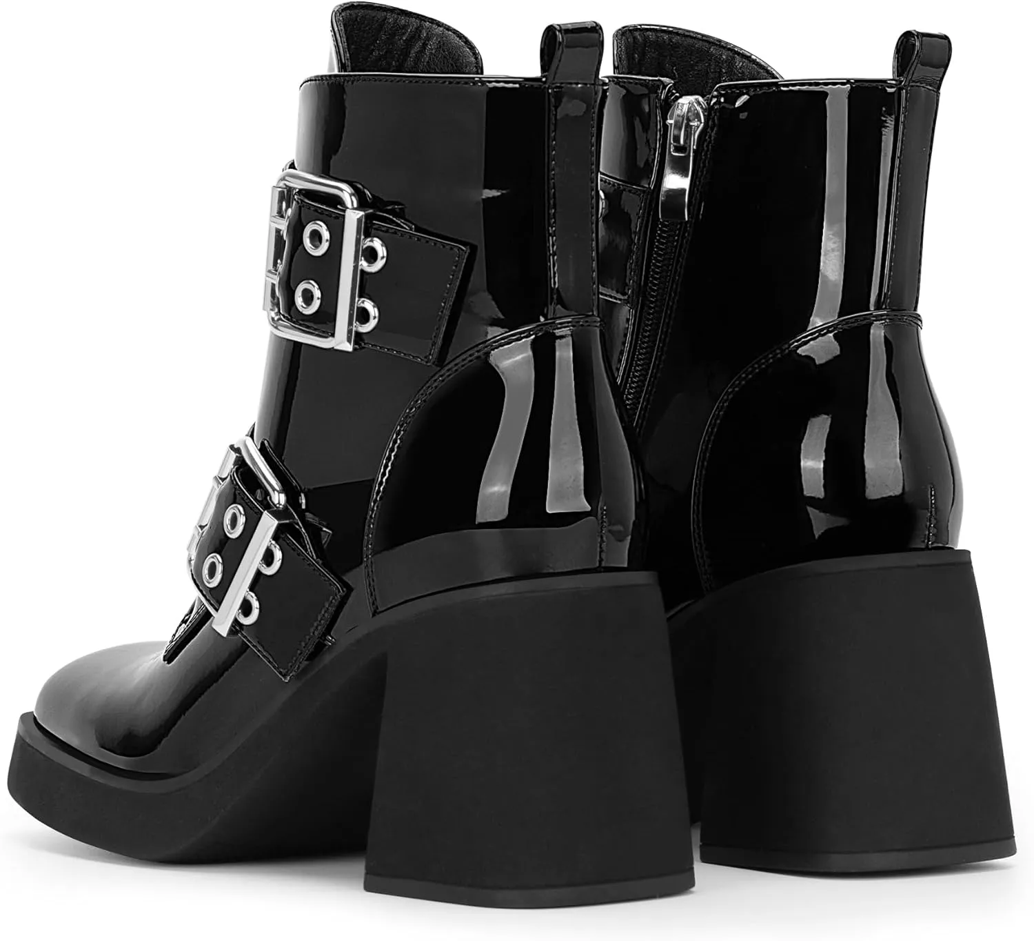 Women's Platform Chunky Heel Buckle Ankle Boots Patent Leather Side Zipper Booties