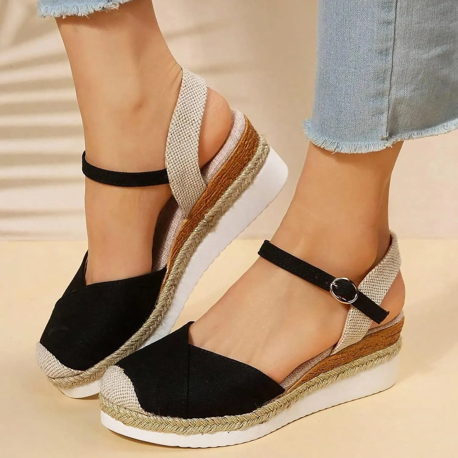 Women's Platform Wedge Sandals - Beige, Size US 6 - Wedge, Gladiator, Casual - Open Toe & Closed Toe - Ankle Strap - Waterproof - Casual Occasion