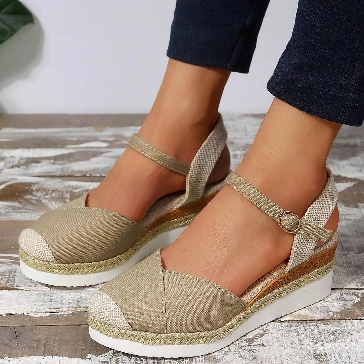 Women's Platform Wedge Sandals - Beige, Size US 6 - Wedge, Gladiator, Casual - Open Toe & Closed Toe - Ankle Strap - Waterproof - Casual Occasion