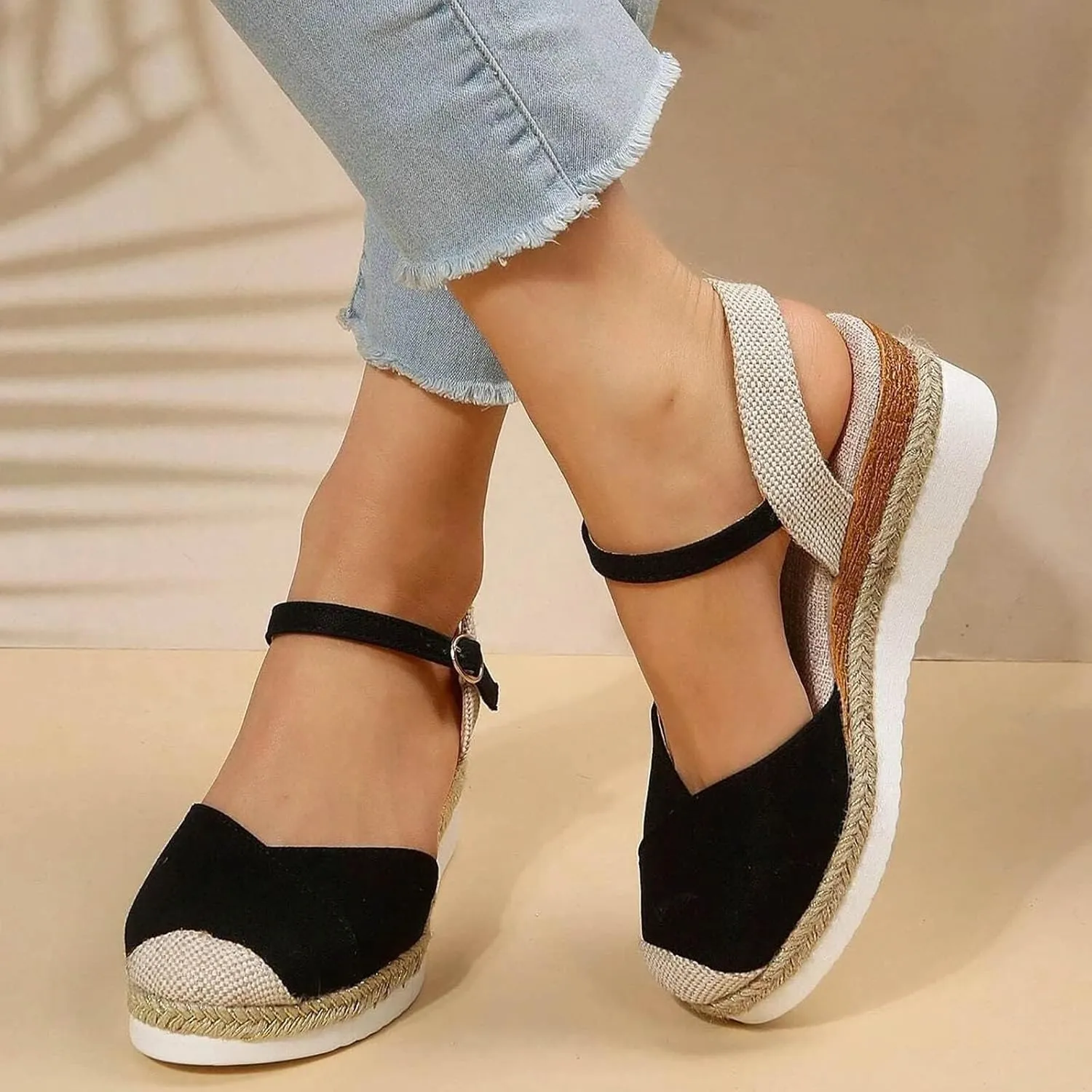 Women's Platform Wedge Sandals - Beige, Size US 6 - Wedge, Gladiator, Casual - Open Toe & Closed Toe - Ankle Strap - Waterproof - Casual Occasion