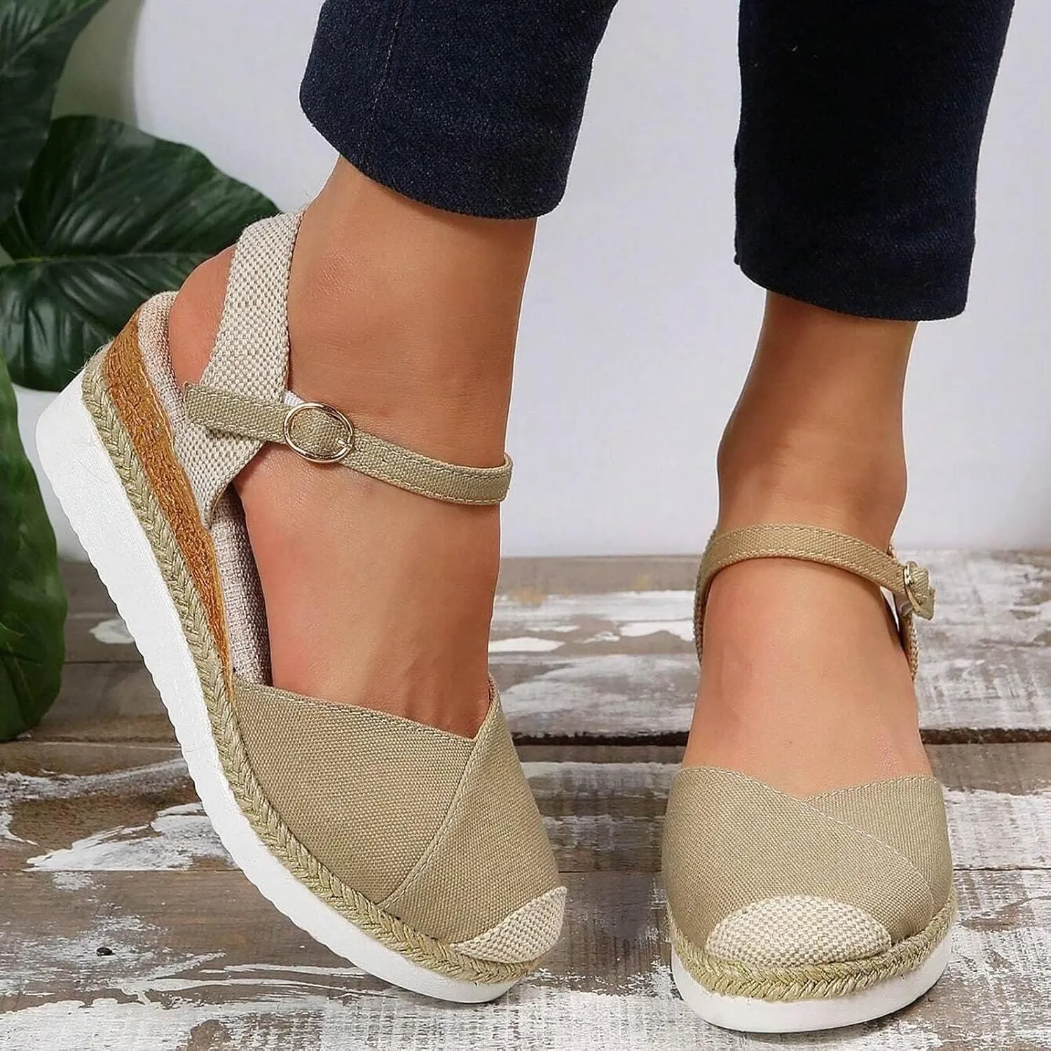 Women's Platform Wedge Sandals - Beige, Size US 6 - Wedge, Gladiator, Casual - Open Toe & Closed Toe - Ankle Strap - Waterproof - Casual Occasion